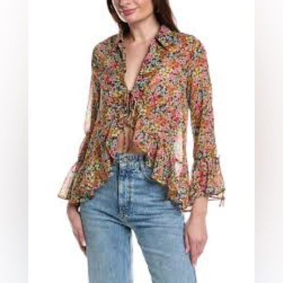 Dress Forum Tops - DRESS FORUM S Oversized Flower Bed Ruffled Tie-Front Blouse and Sleeve Tie